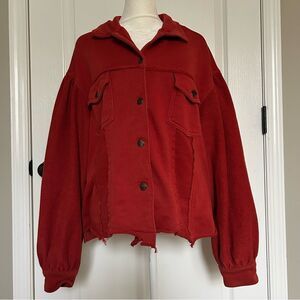 Anthropologie Boho Chic Red Cropped Utility Jacket Raw Frayed Hem Slouchy Large